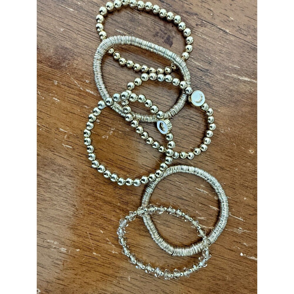 Gold Tone Stretch Bracelet Stack Set of 6 Mixed Beaded, Crystal, Moon, Charm